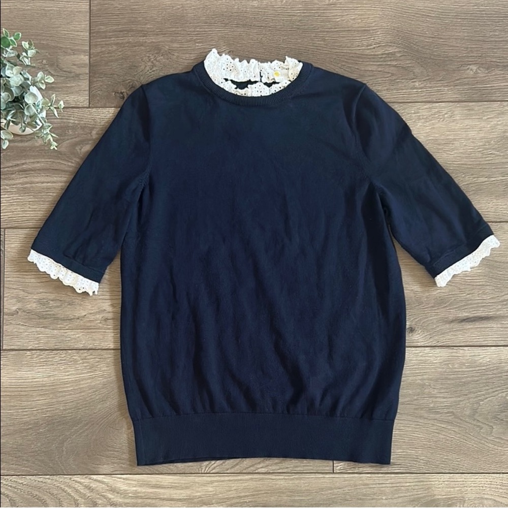 Boden Blue and White Crew Neck Sweater with Ruffle Trim - Medium